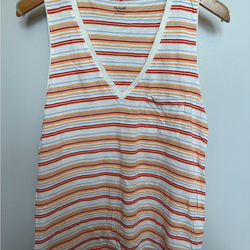 Madewell Sleeveless V-Neck Tank in Cream, Orange and Red Stripe